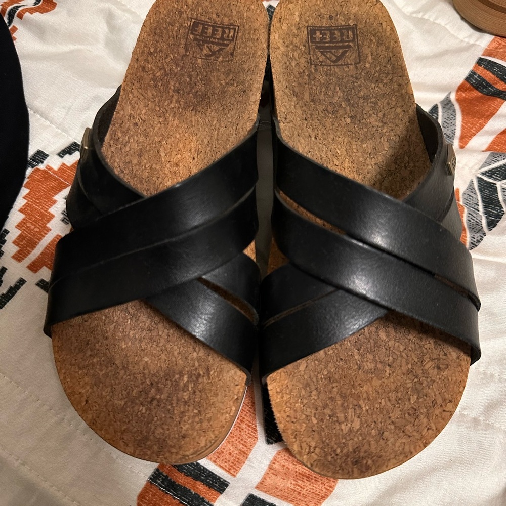 Reef Black Sandals with Cork Sole